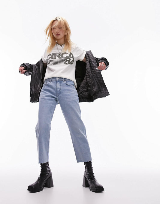 Topshop Petite mid rise straight cropped jean in bleach
