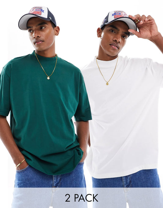 ASOS DESIGN 2 pack oversized high neck t-shirt in green and white