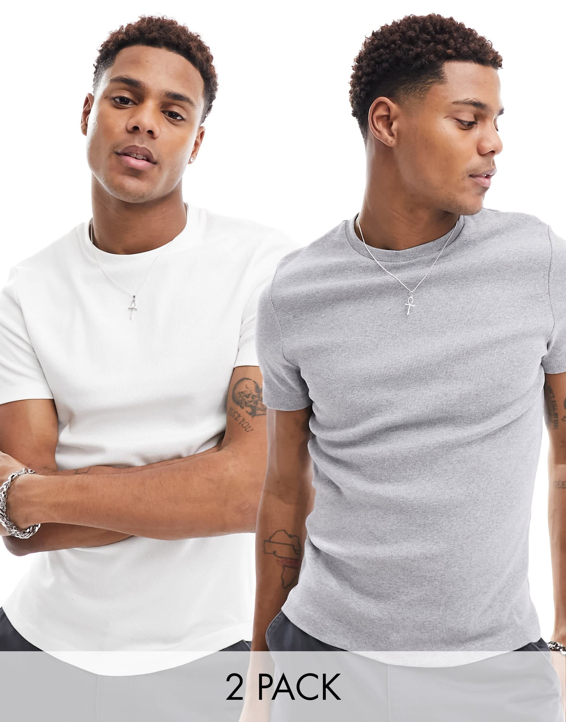 ASOS DESIGN essentials 2 pack muscle fit rib t-shirts in grey marl and white