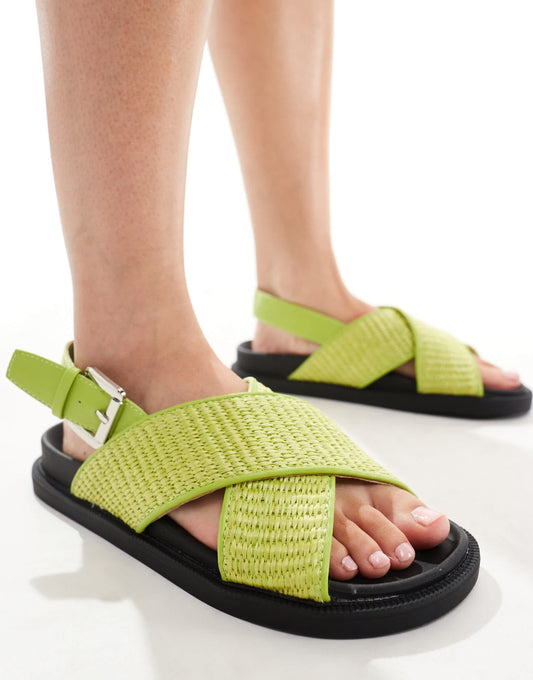 London Rebel cross strap woven sandals in olive green
