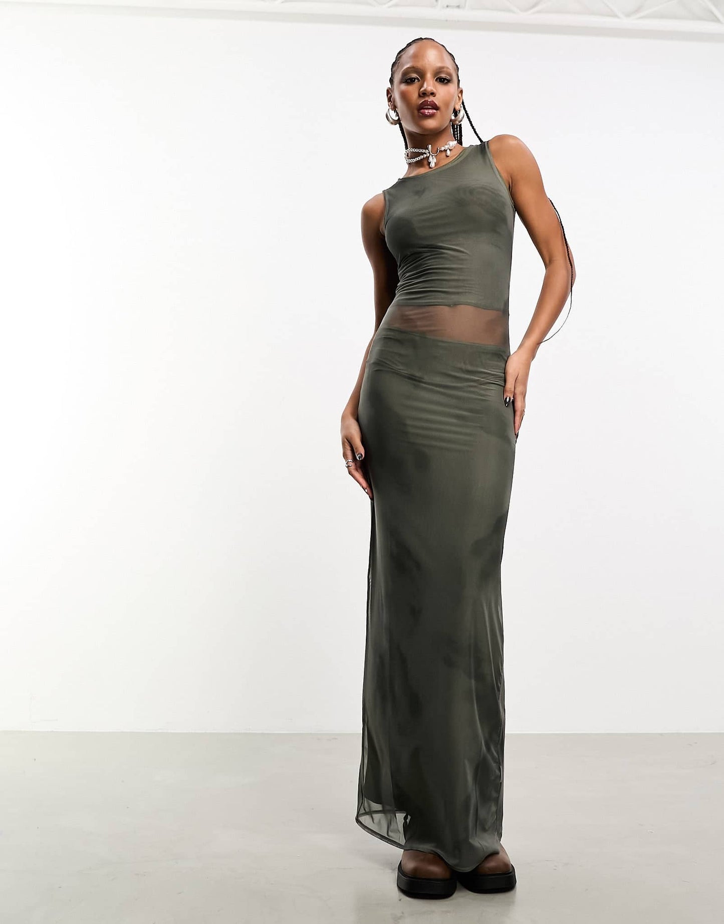 Heretic Nine lightweight mesh tube maxi dress in khaki