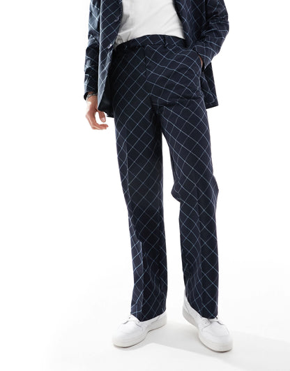 ASOS DESIGN wide leg bias cut check suit trouser in navy windowpane