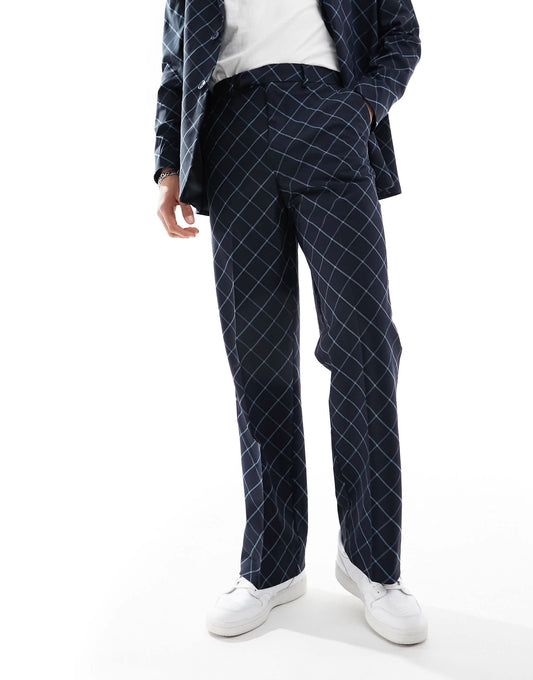 ASOS DESIGN wide leg bias cut check suit trouser in navy windowpane