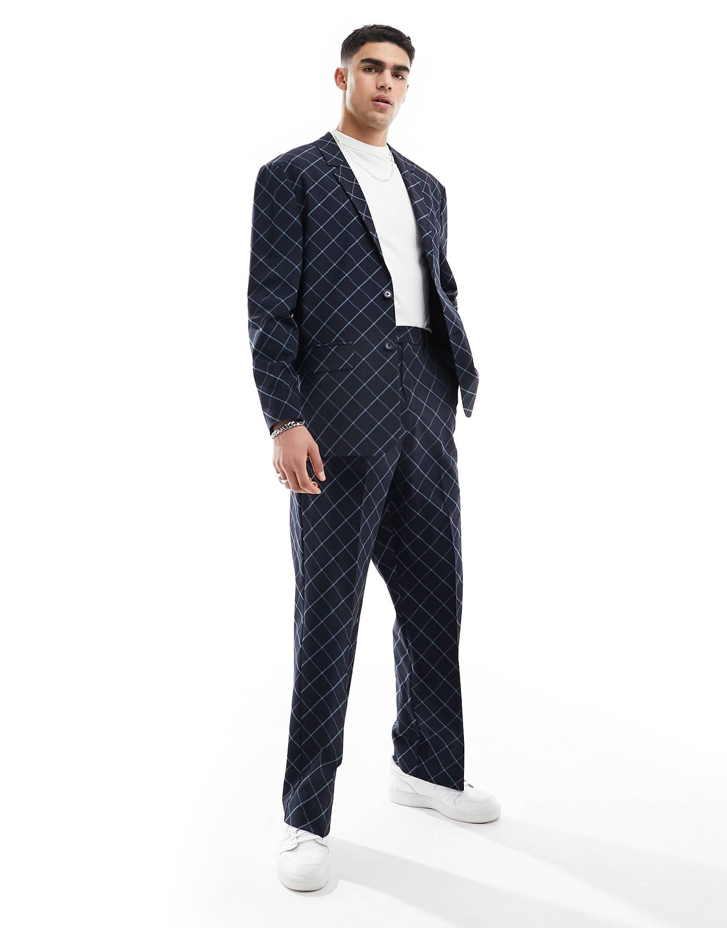 ASOS DESIGN wide leg bias cut check suit trouser in navy windowpane