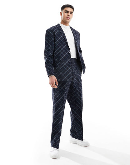 ASOS DESIGN wide leg bias cut check suit trouser in navy windowpane