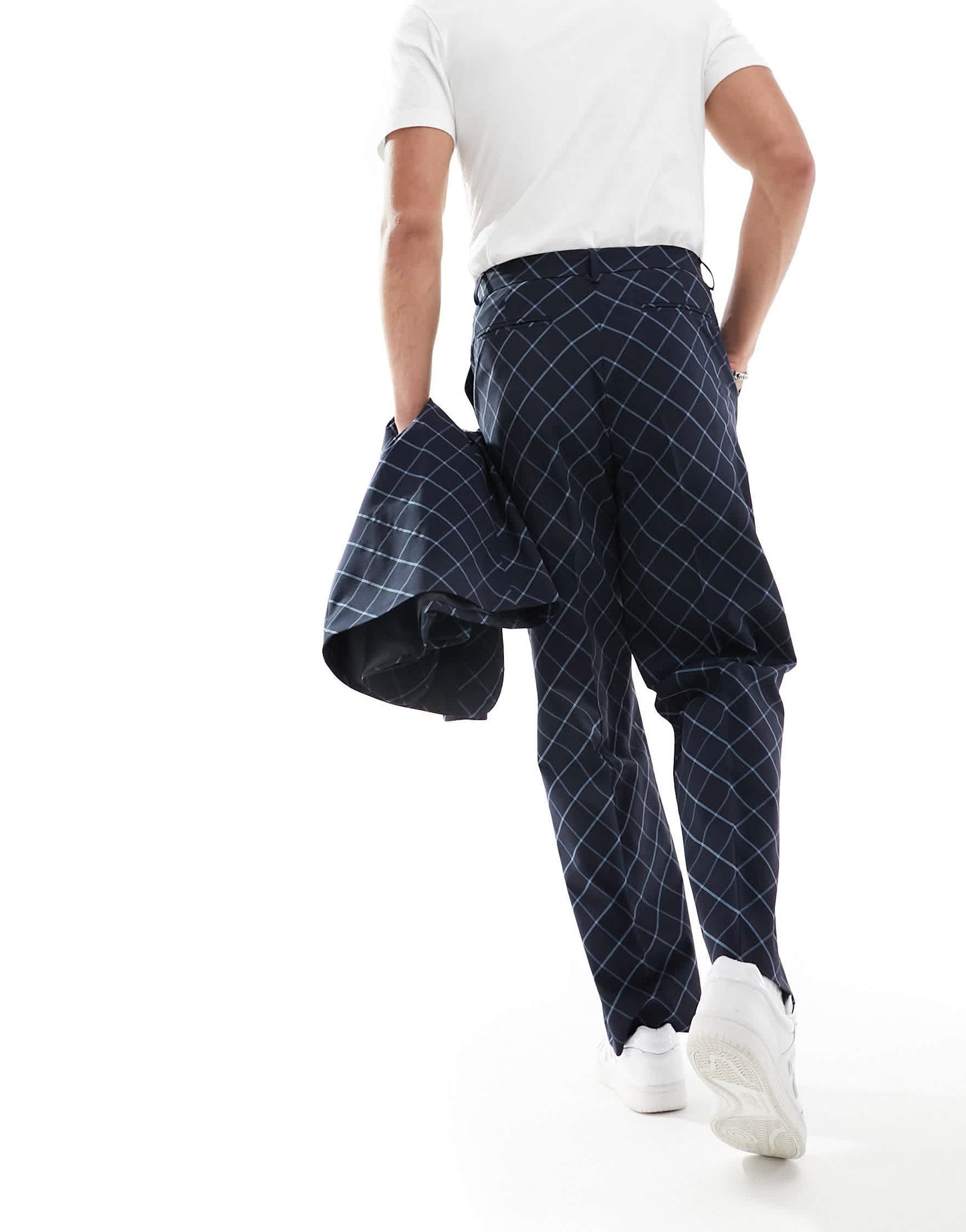 ASOS DESIGN wide leg bias cut check suit trouser in navy windowpane