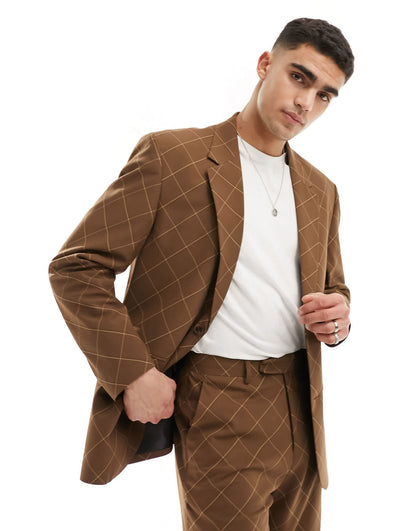 ASOS DESIGN relaxed check suit jacket in brown