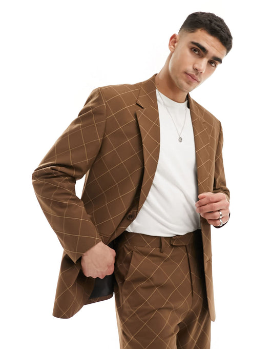 ASOS DESIGN relaxed check suit jacket in brown