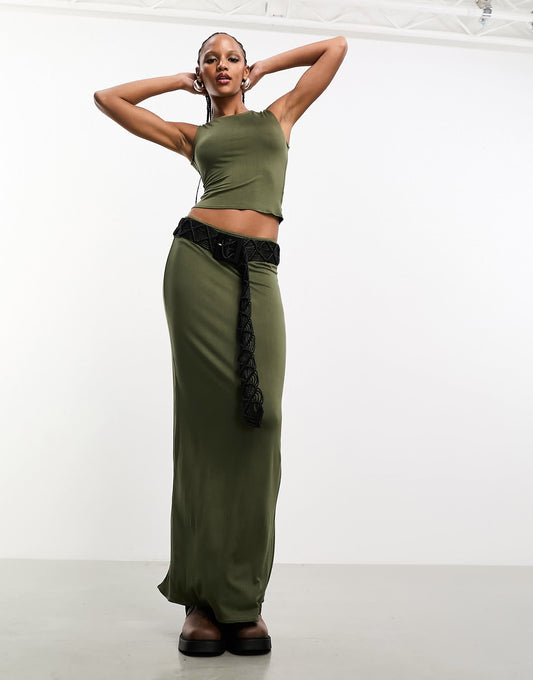 Heretic Nine lightweight mesh midi tube skirt co-ord in khaki