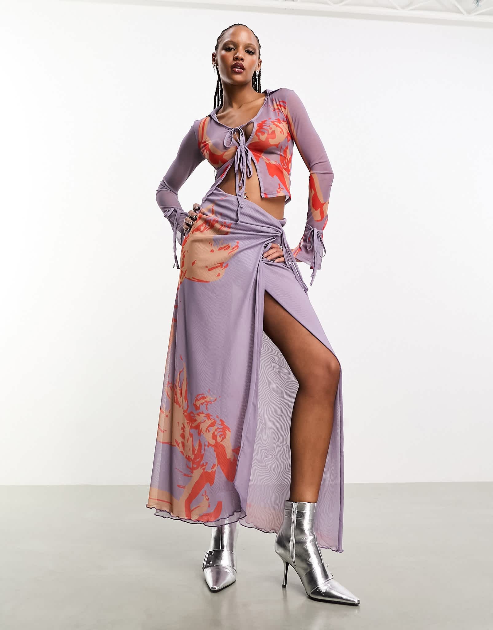 Heretic Nine maxi wrap mesh skirt in abstract print co-ord