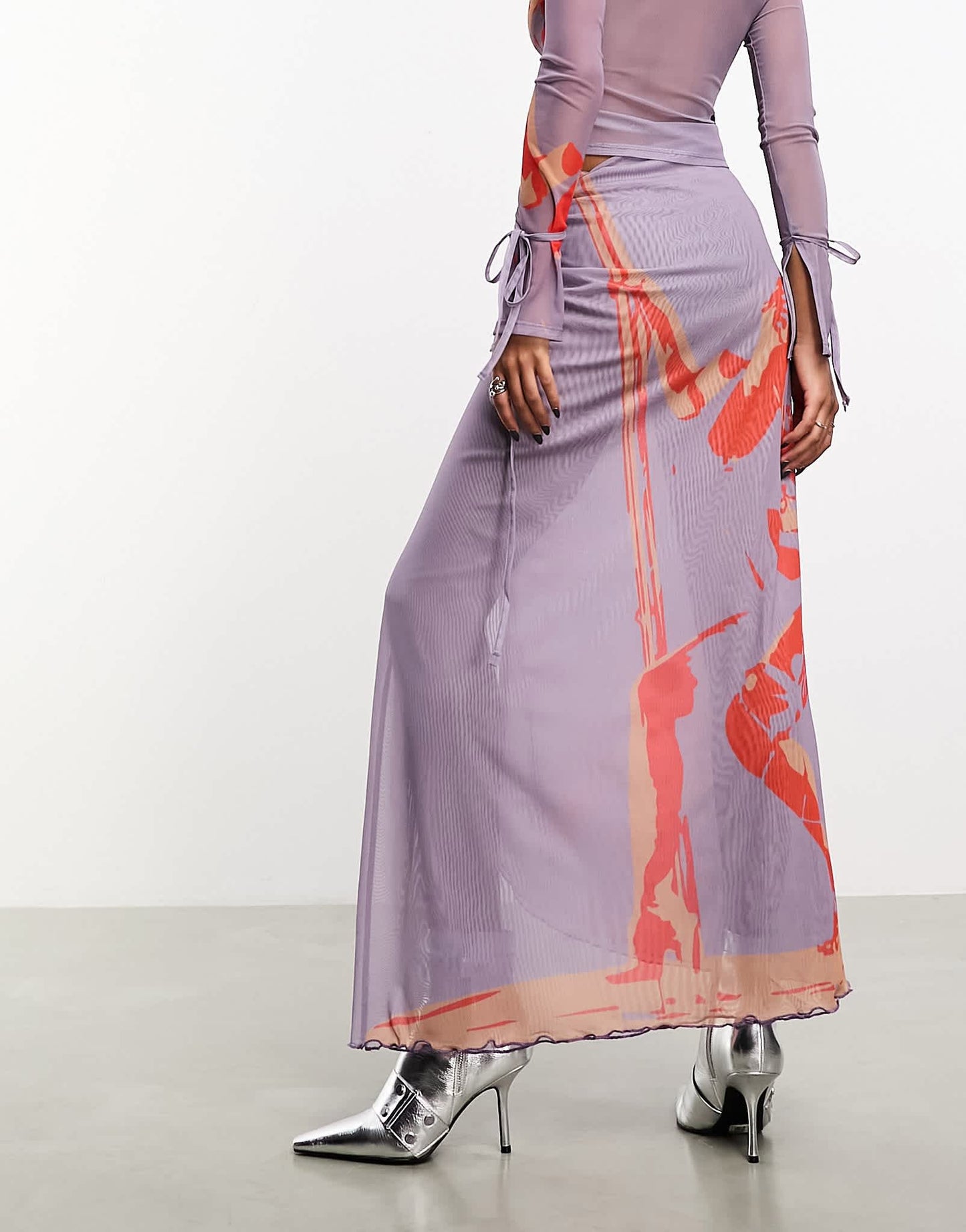 Heretic Nine maxi wrap mesh skirt in abstract print co-ord