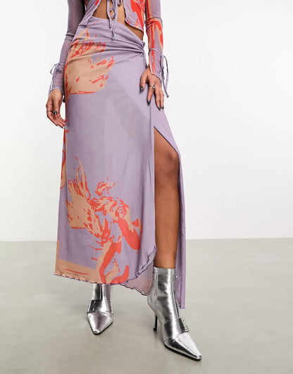 Heretic Nine maxi wrap mesh skirt in abstract print co-ord