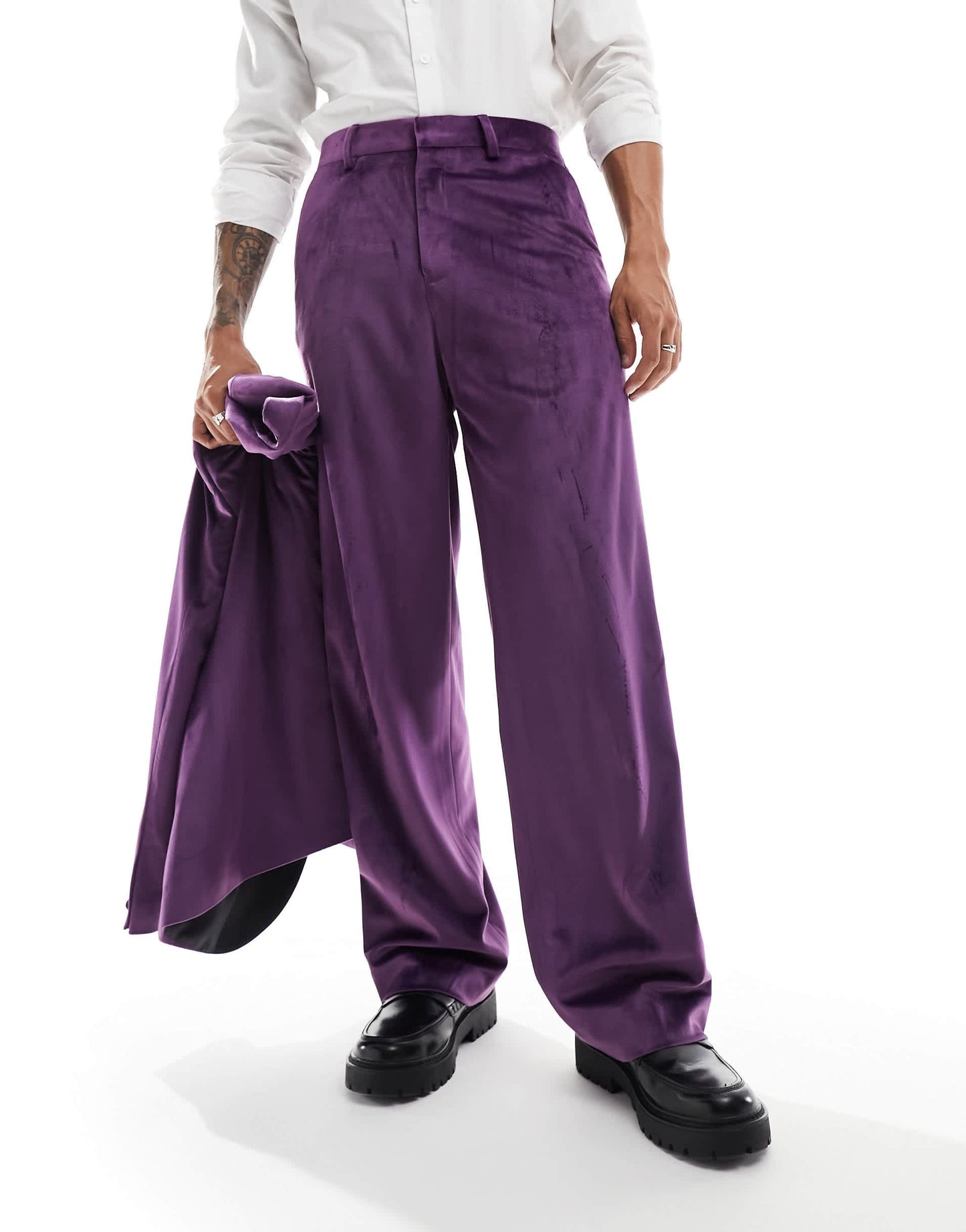 ASOS DESIGN wide leg velvet tuxedo suit trouser in purple