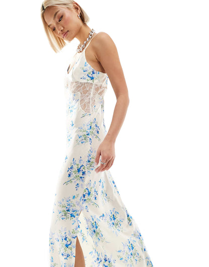 Emory Park satin floral print maxi dress in blue cream floral