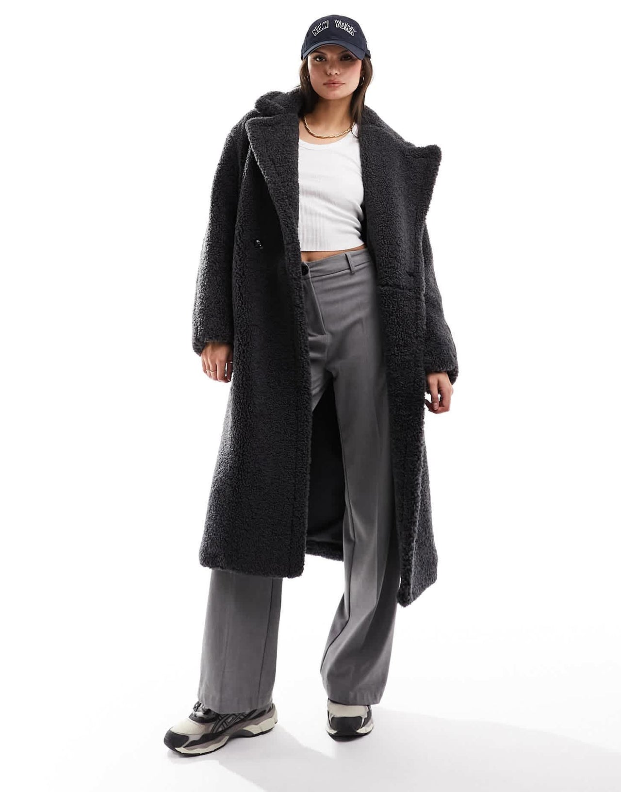 Bershka maxi shearling coat in charcoal