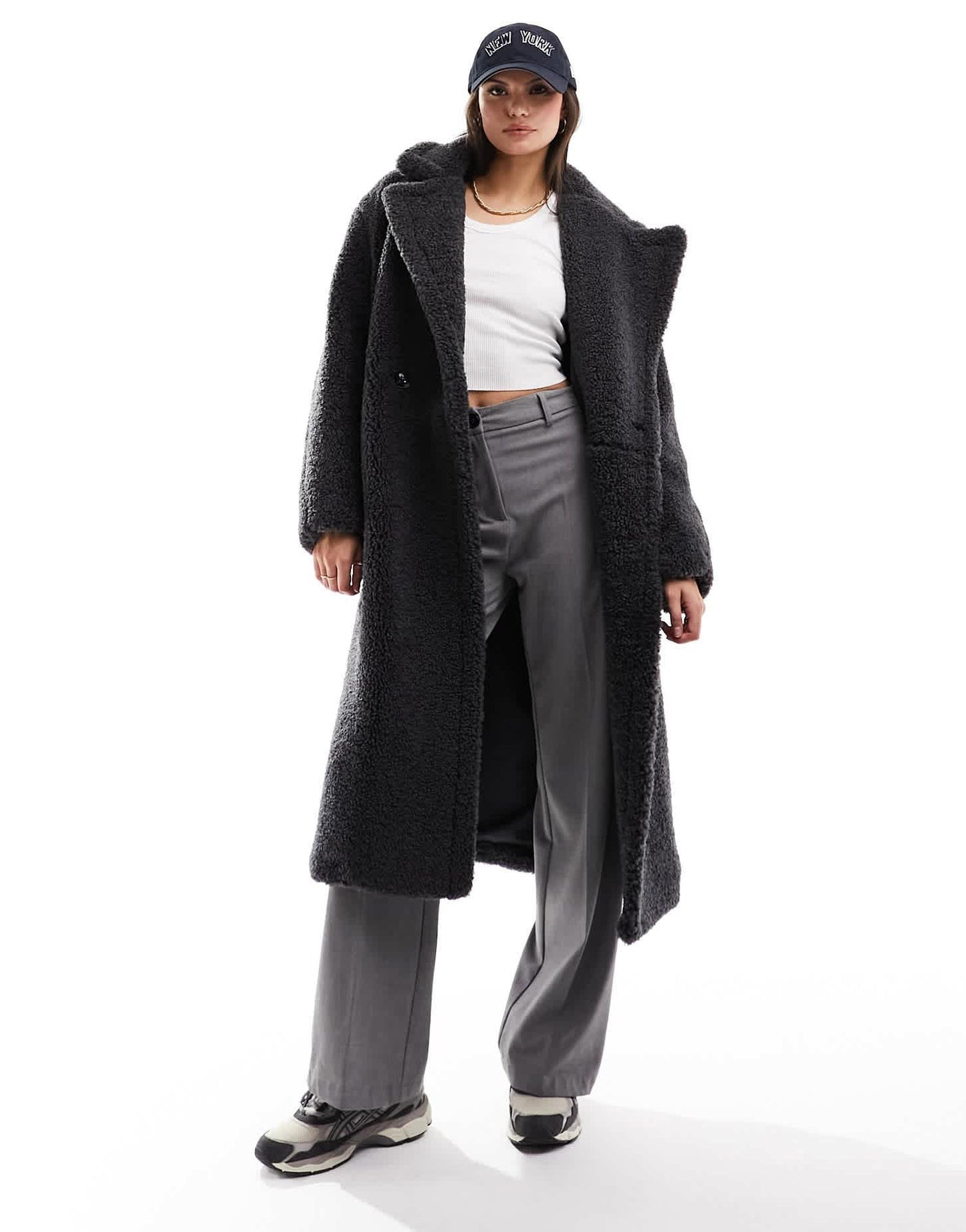 Bershka maxi shearling coat in charcoal