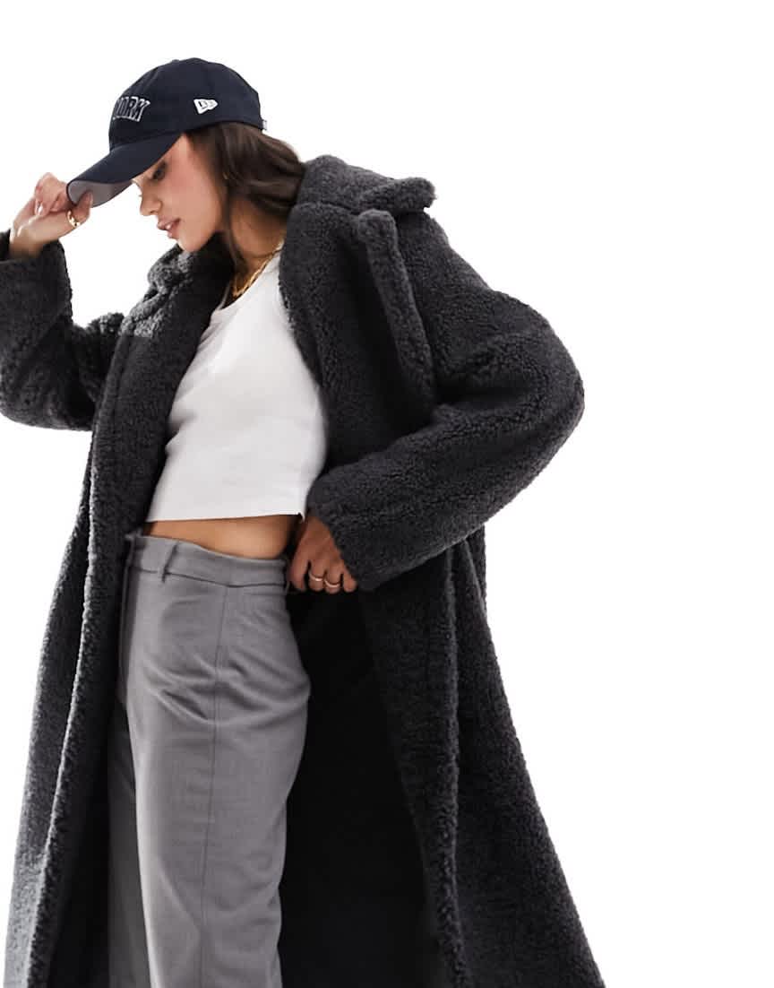 Bershka maxi shearling coat in charcoal