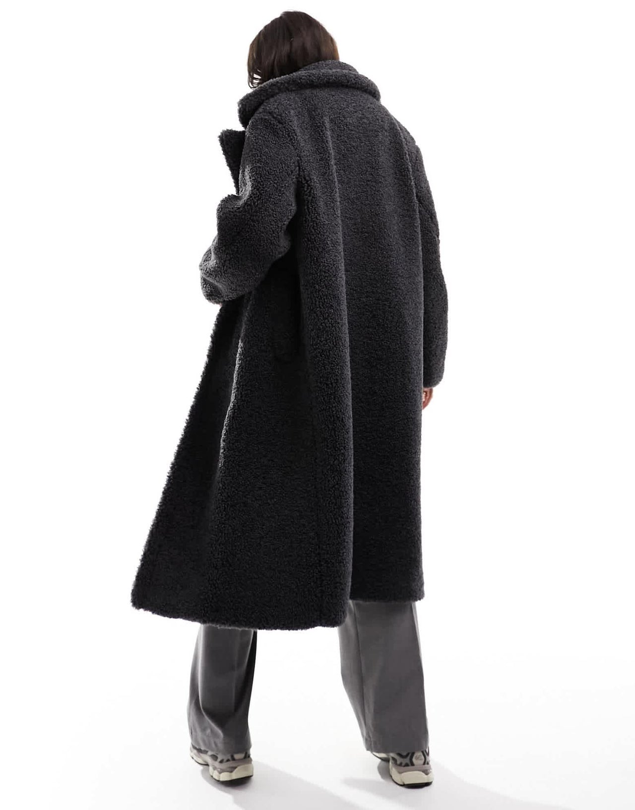 Bershka maxi shearling coat in charcoal