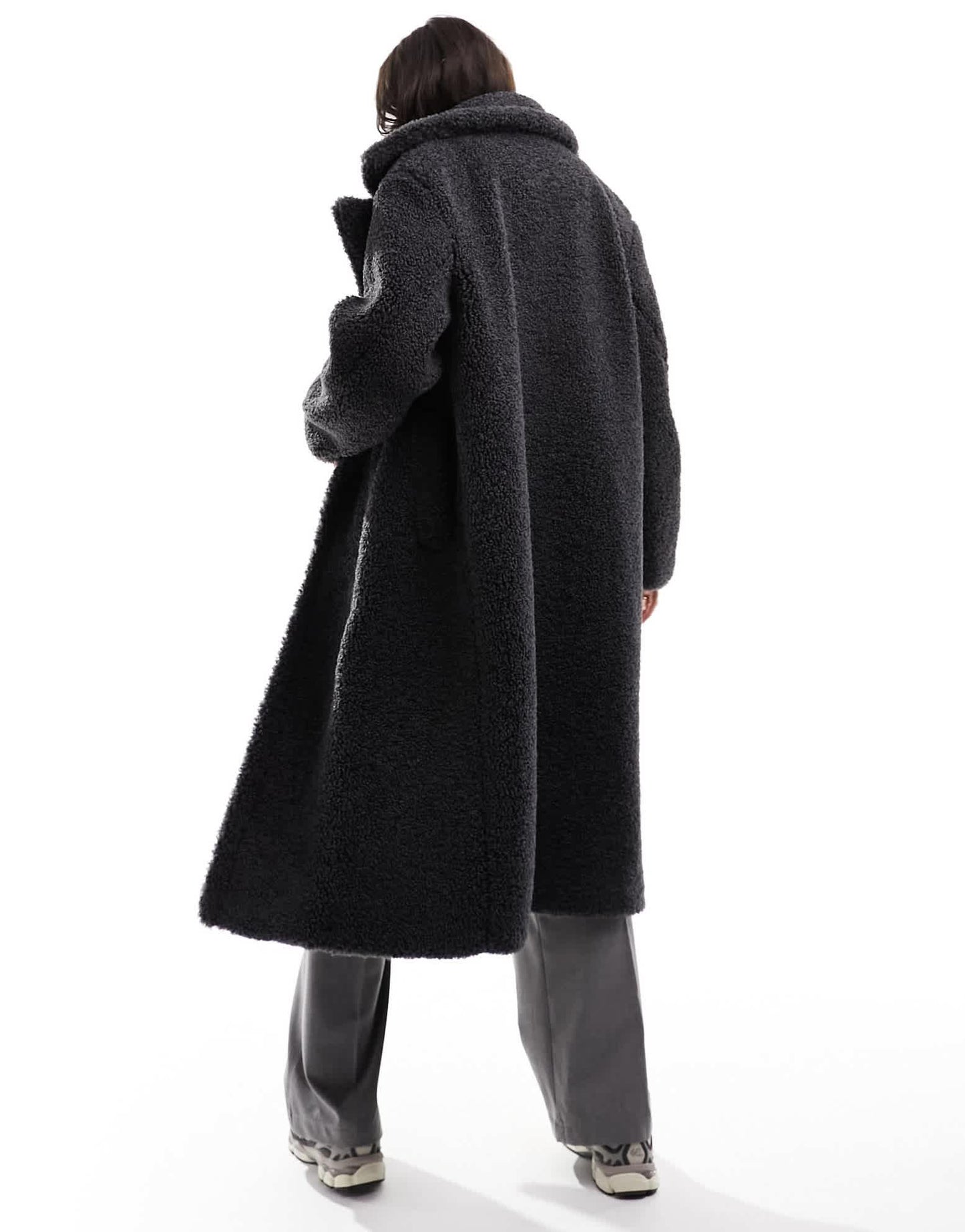 Bershka maxi shearling coat in charcoal