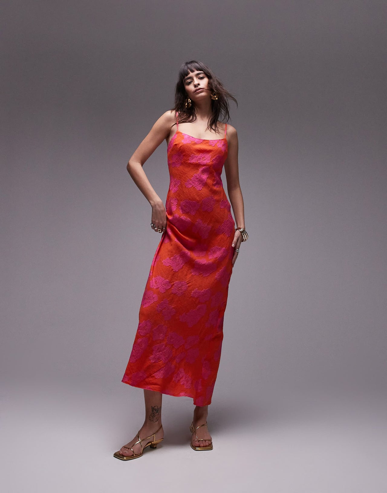 Topshop premium jacquard midi slip dress in pink and orange