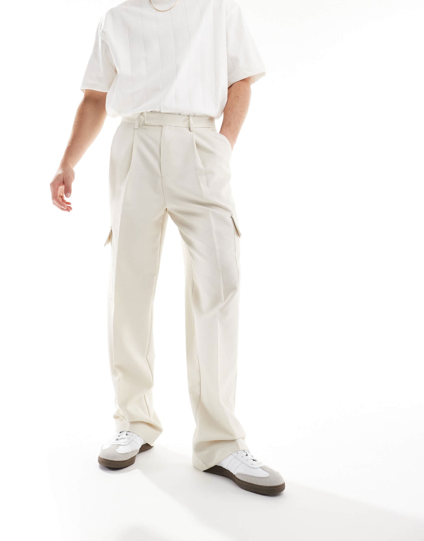 ASOS DESIGN smart wide leg cargo trousers in ecru microtexture