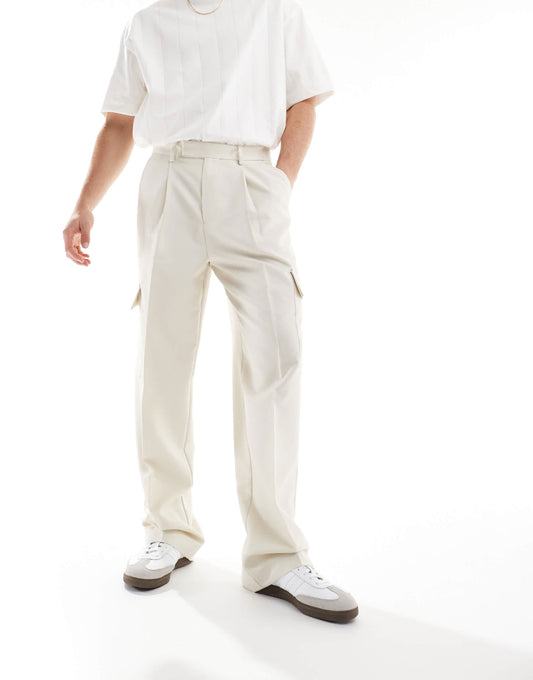 ASOS DESIGN smart wide leg cargo trousers in ecru microtexture
