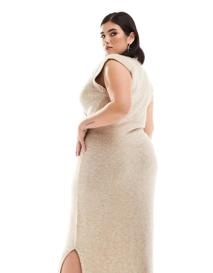 River Island Plus wrap midi knit dress in beige