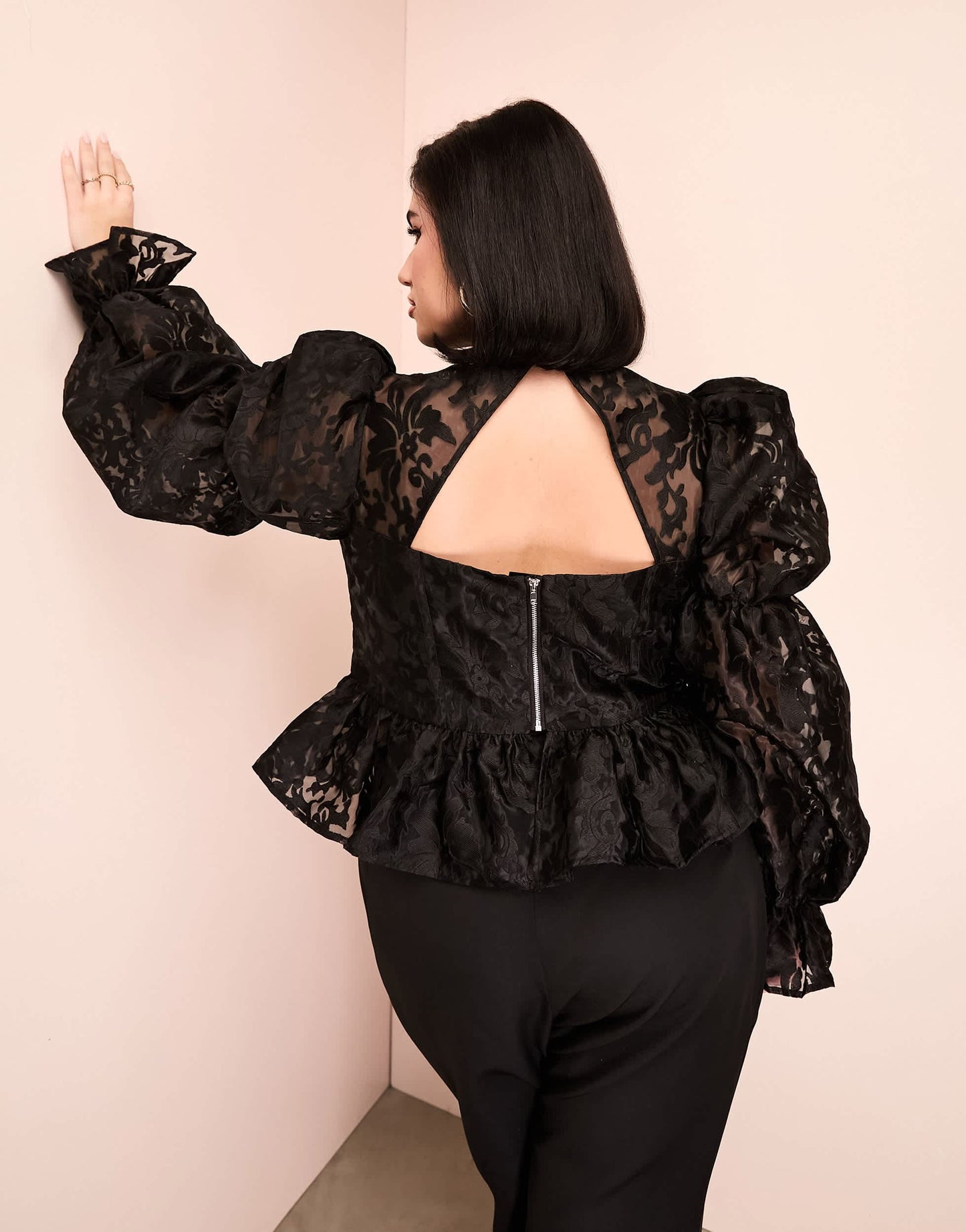 ASOS LUXE Curve pussy bow puff sleeve lace top in black
