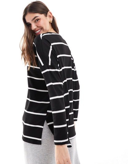 New Look long sleeve knitted top in black and white stripe