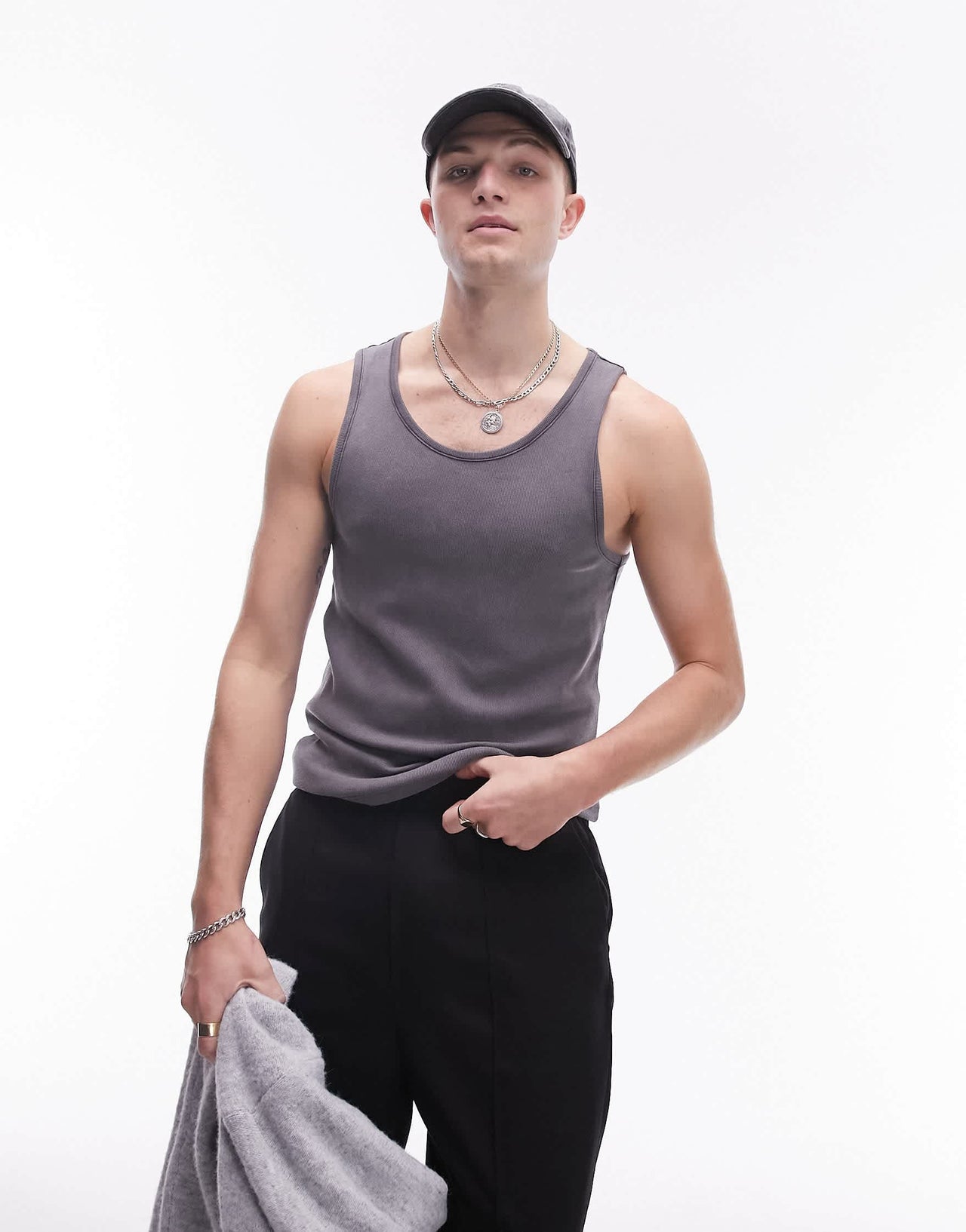 Topman rib vest in washed black