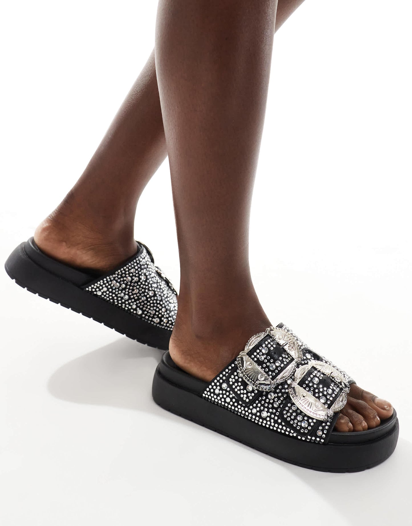 Azalea Wang Lynel embellished sandal with western buckle in black