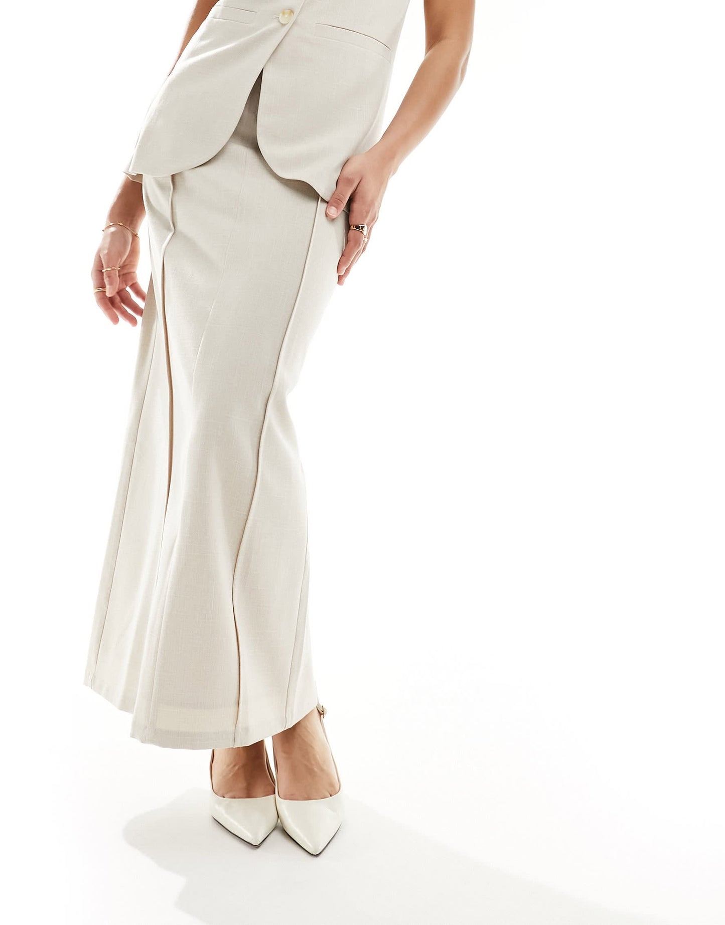 4th & Reckless linen tailored seam detail maxi column skirt co-ord in beige