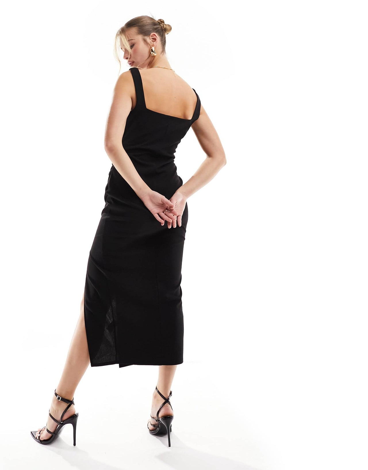 New Look square neck ruched front midi dress in black