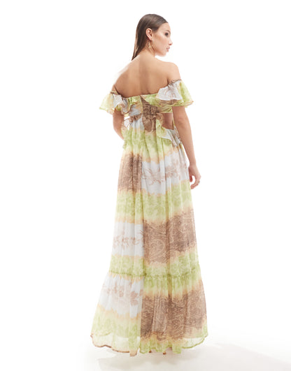 ASOS DESIGN ruffle cut out off the shoulder maxi dress with hi low hem in mixed vintage floral