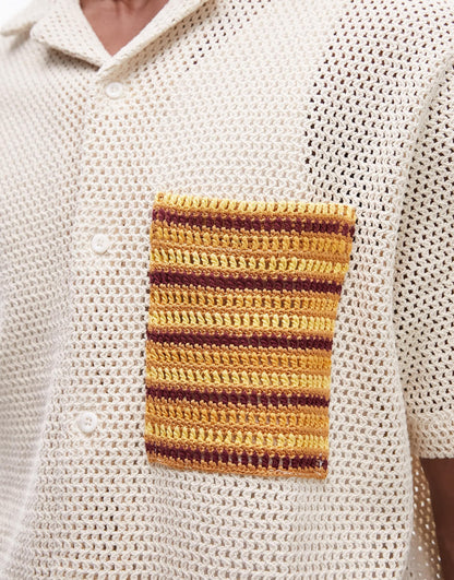 Topman short sleeve crochet pocket shirt in stone