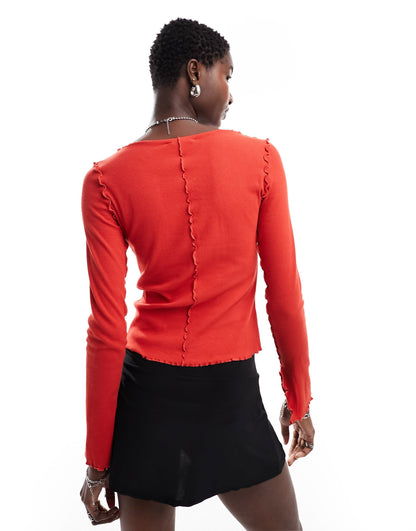 Monki overlock seam detail ribbed jersey top in red