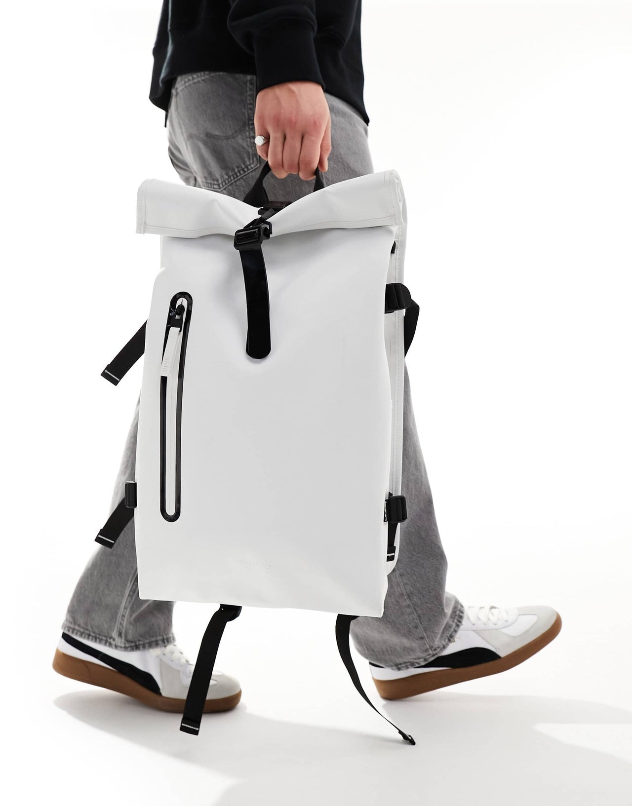 Rains Rolltop unisex waterproof contrast large rucksack in powder white