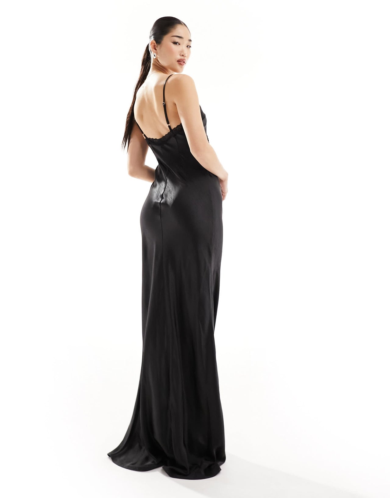 Six Stories Bridesmaids lace detail satin maxi dress co-ord in black