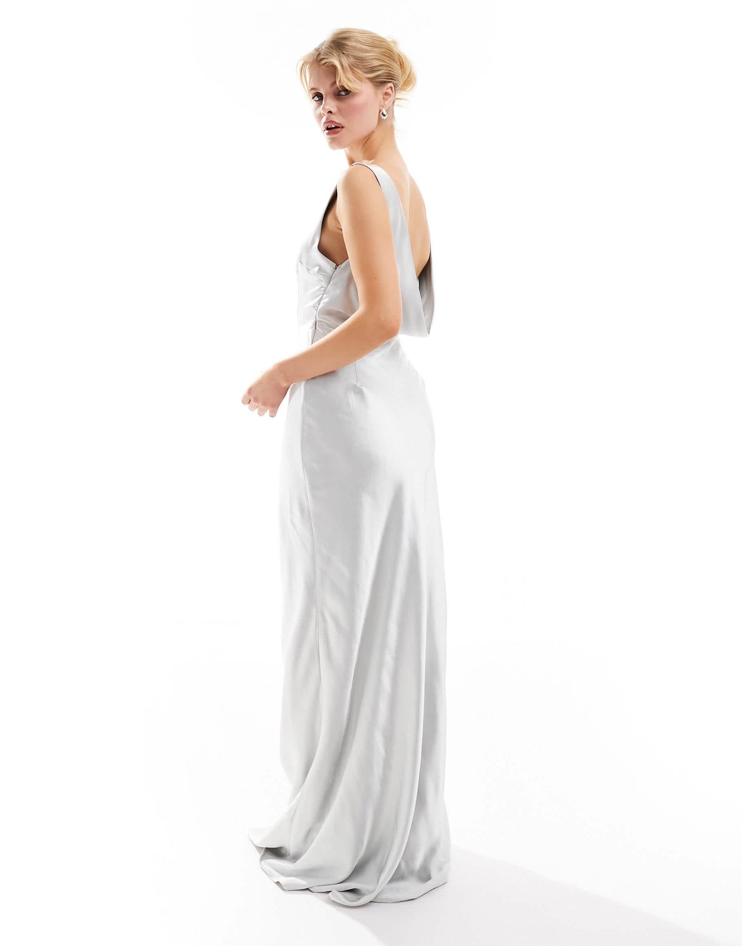 Six Stories Bridesmaids cowl back satin maxi dress in silver