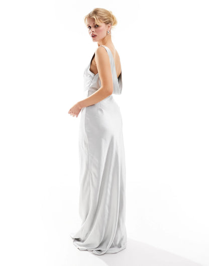 Six Stories Bridesmaids cowl back satin maxi dress in silver
