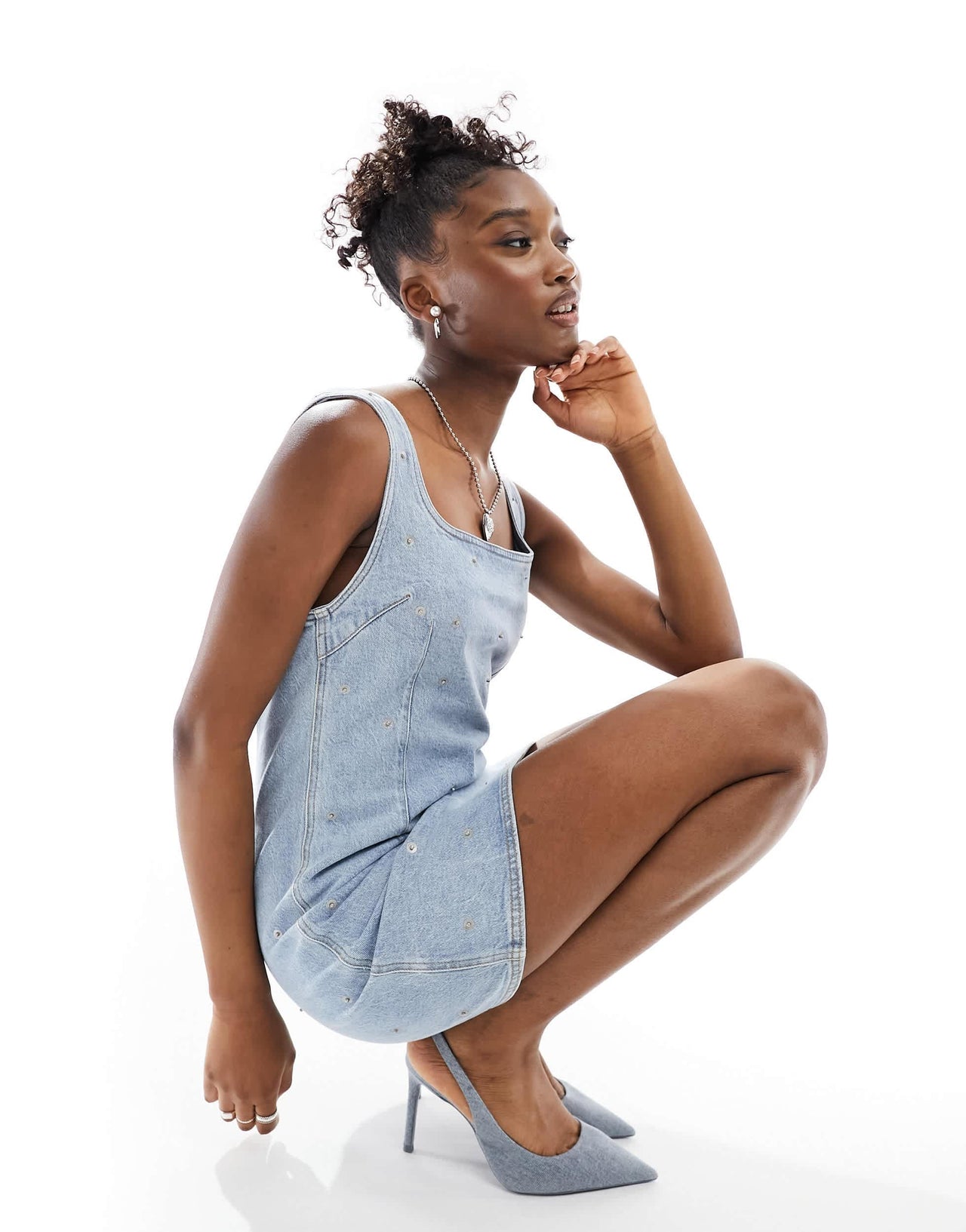 Fiorucci square neck mini dress with popper detail in light wash denim