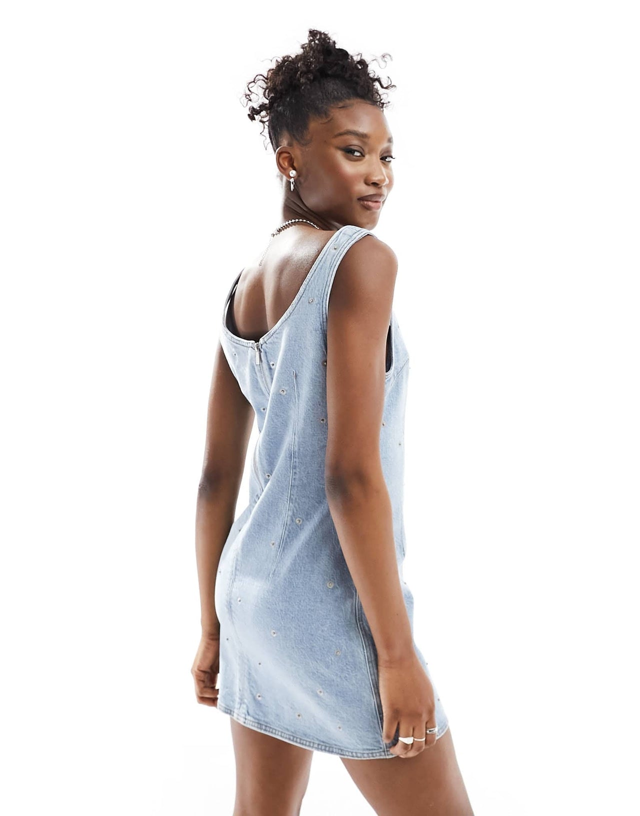 Fiorucci square neck mini dress with popper detail in light wash denim