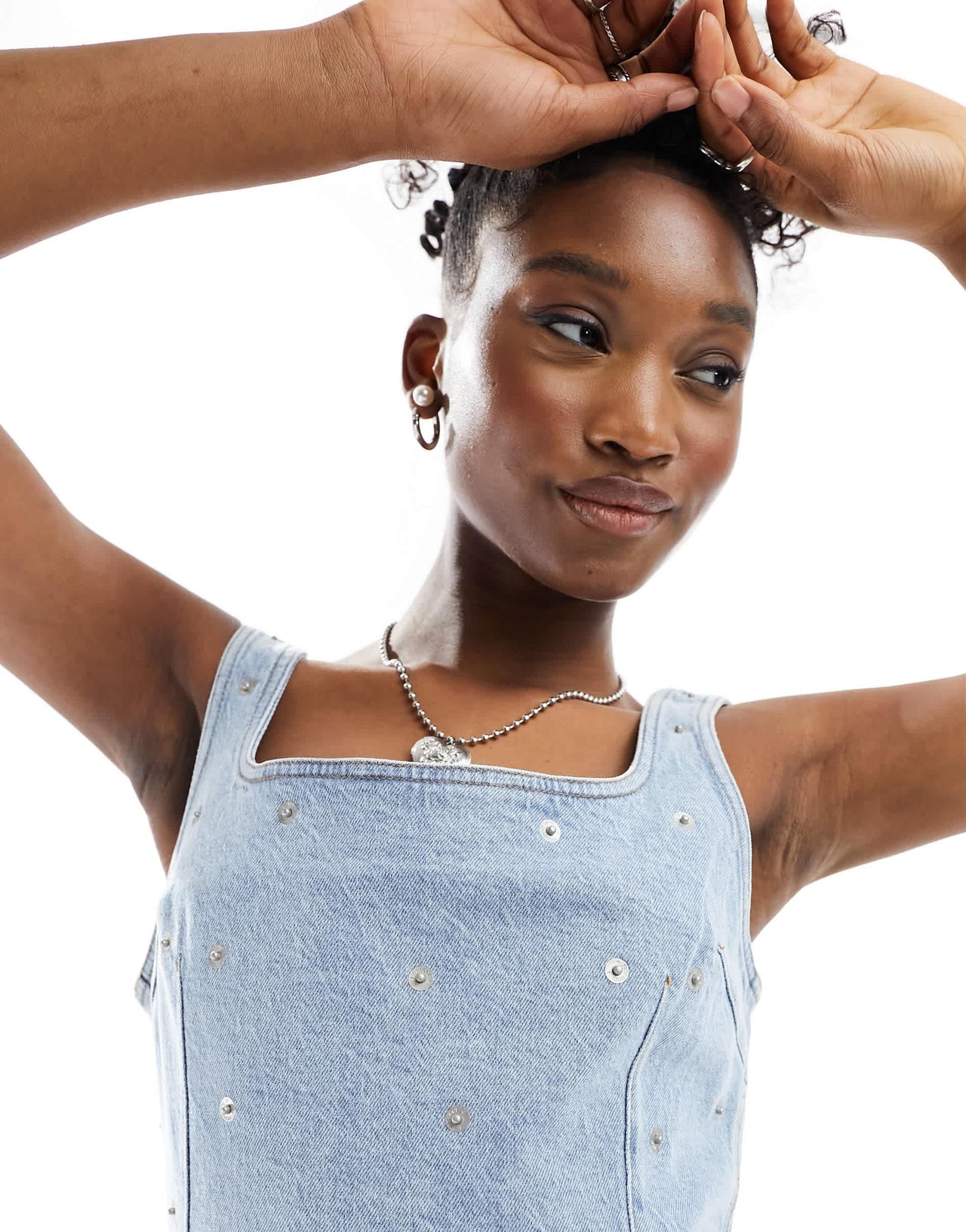 Fiorucci square neck mini dress with popper detail in light wash denim