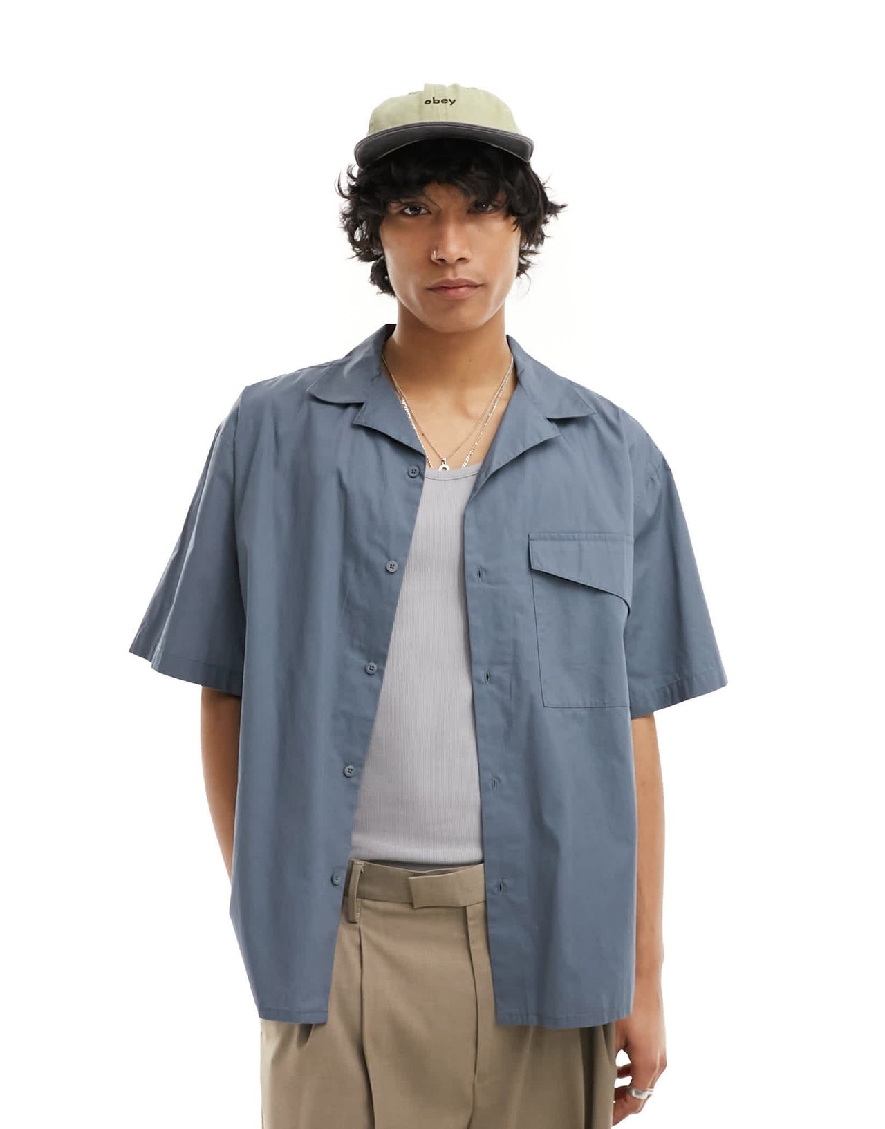 COLLUSION oversized poplin revere short sleeve shirt in grey