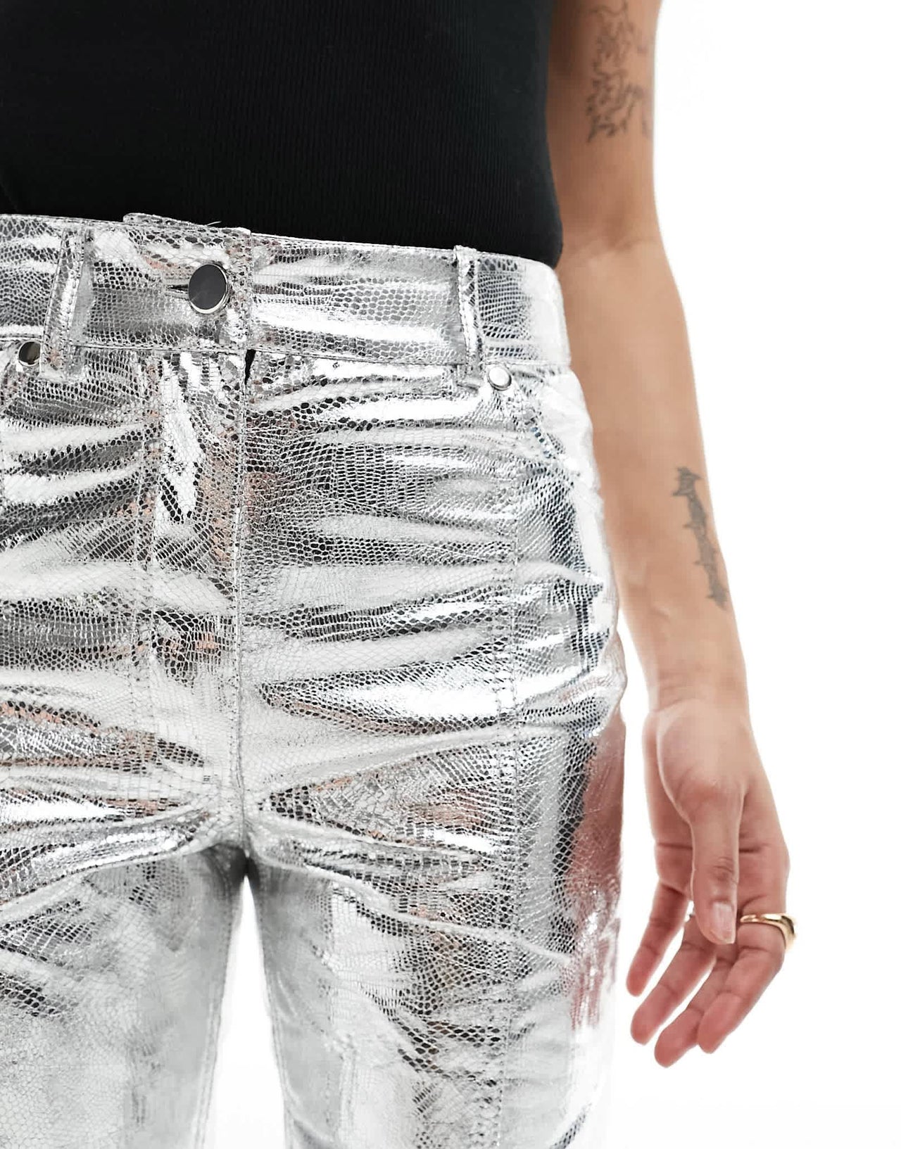 River Island Petite straight leg trouser in silver metallic
