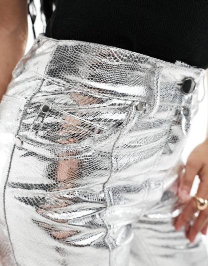 River Island Petite straight leg trouser in silver metallic