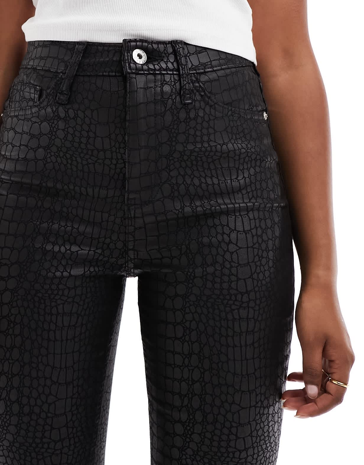 River Island high waist croc effect coated jeans in black