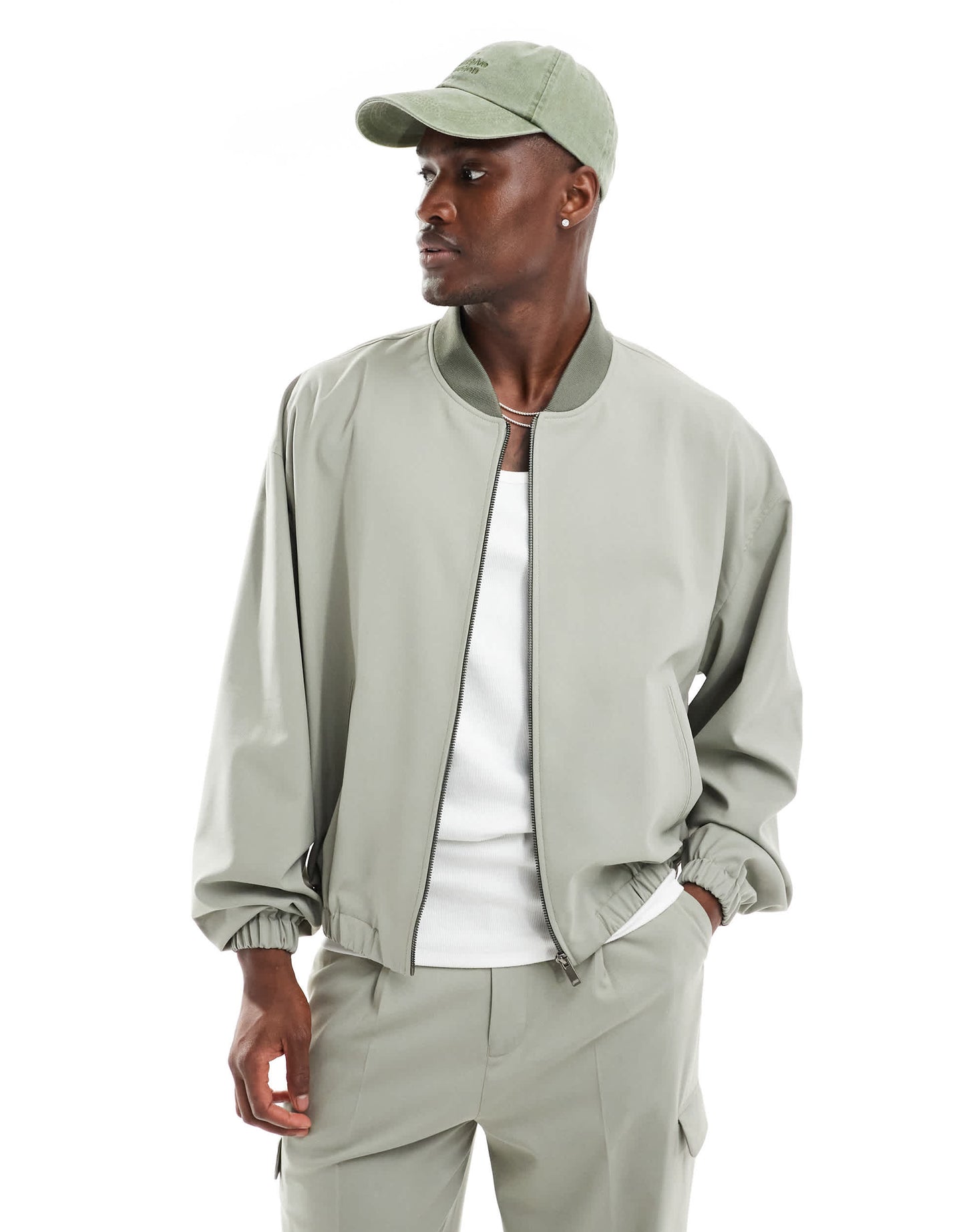 ASOS DESIGN smart co-rd bomber jacket in green