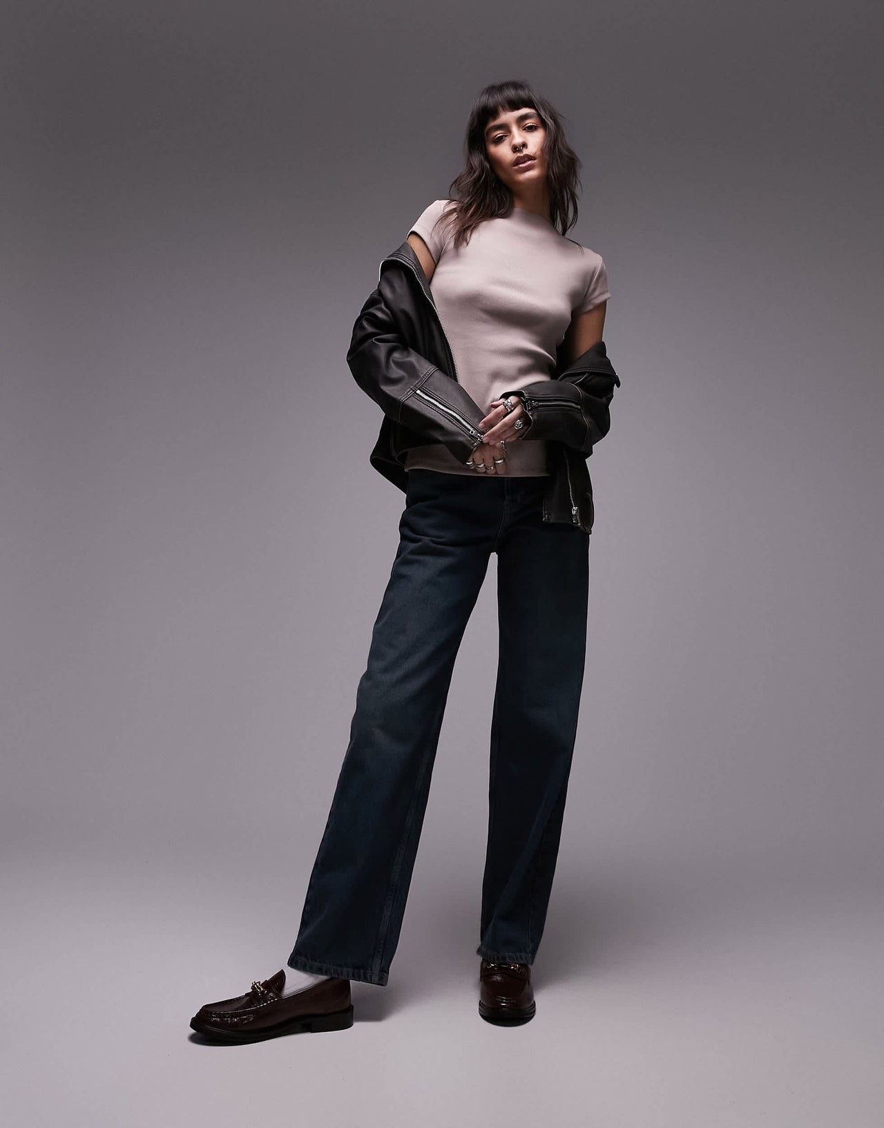 Topshop rib high neck side split tee in washed rose