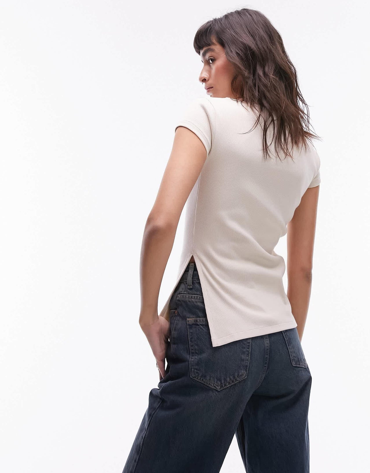 Topshop rib high neck side split tee in stone